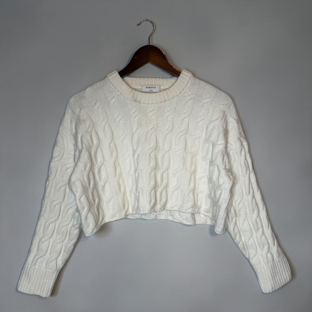 Aritzia Babaton Glory Cropped Merino Wool Sweater Cable Knit Oversized‎ Crew S